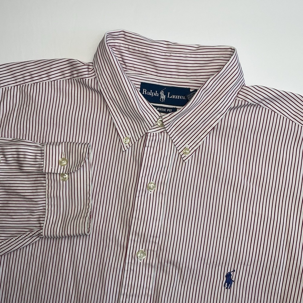 Polo Ralph Lauren Dress Shirt Mens 18 34/35 Classic Fit White Red Pinstripe Pony